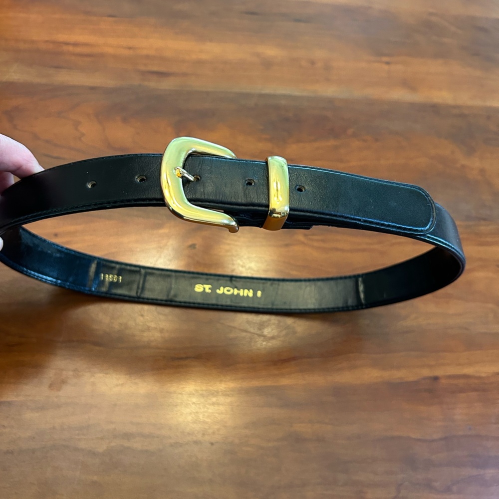 St. John Black Belt with Brass Buckle size 8 27” 1st hole 31” last hole See Pics